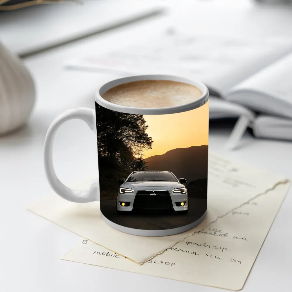 Mitsubishi Lancer White Car Sunset Mountains – Mugs
