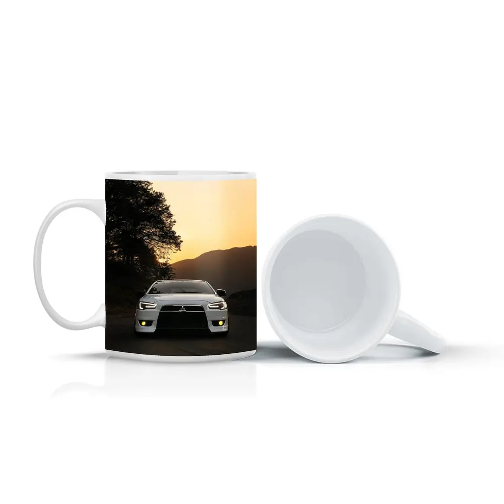 Mitsubishi Lancer White Car Sunset Mountains – Mugs