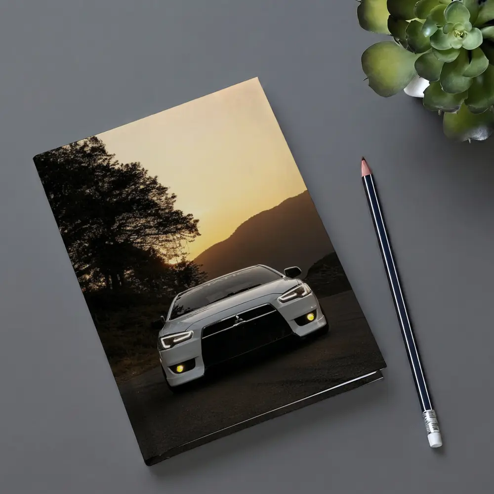 Mitsubishi Lancer White Car Sunset Mountains – Notebooks