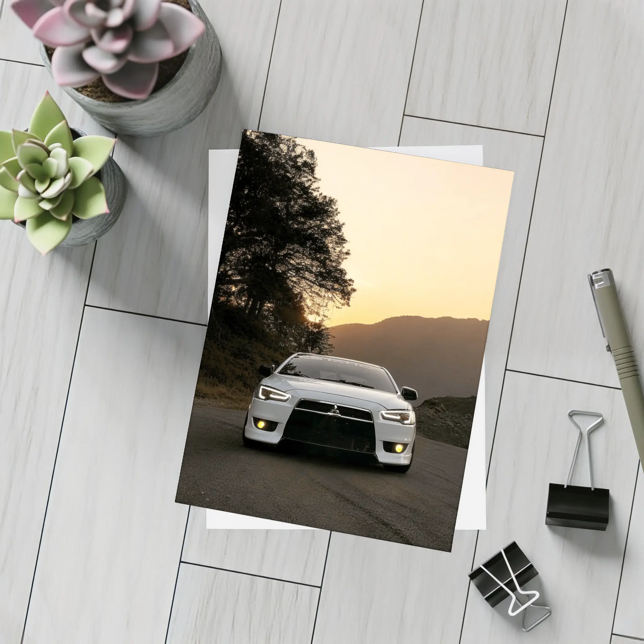 Mitsubishi Lancer White Car Sunset Mountains – Postcards
