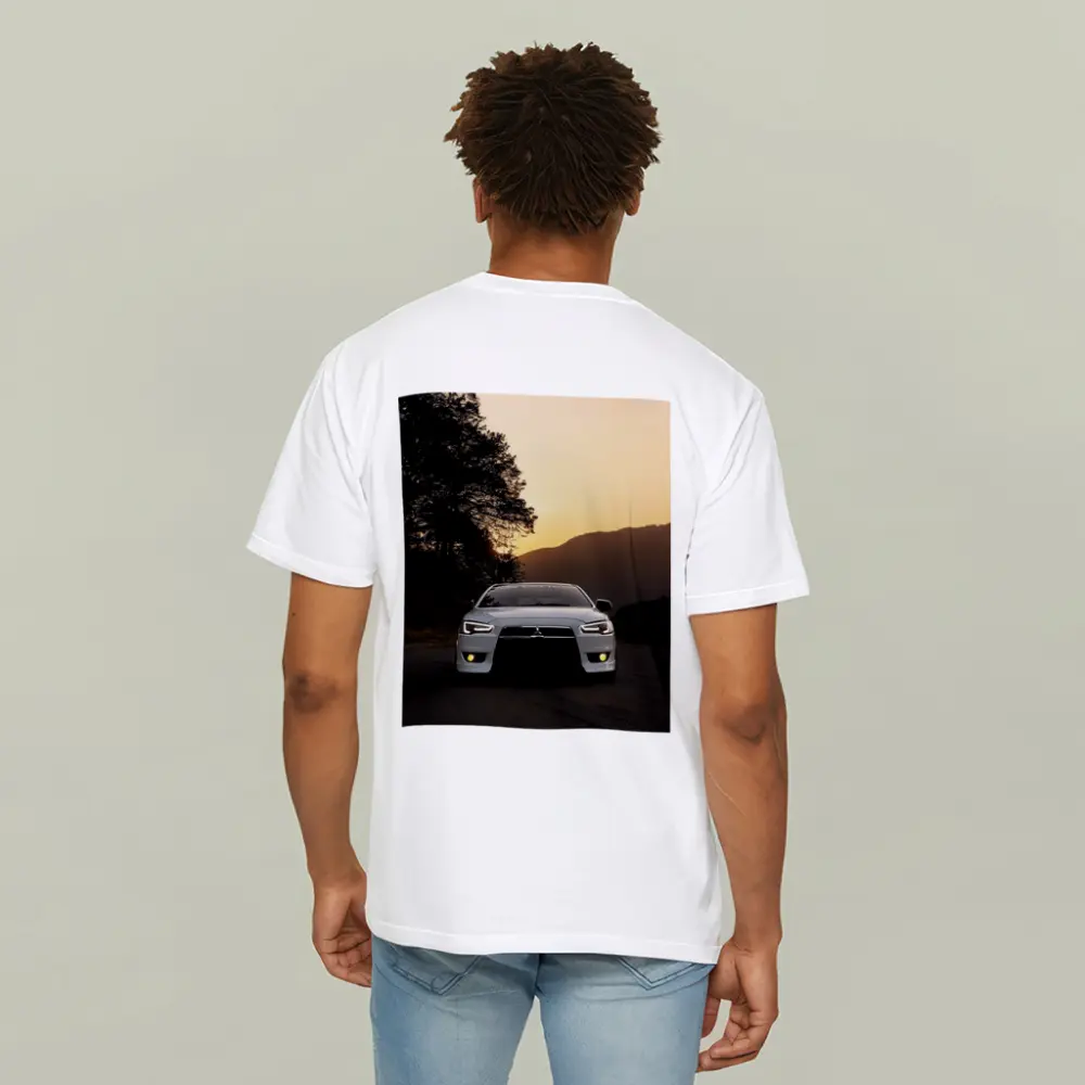 Mitsubishi Lancer White Car Sunset Mountains – T-Shirts