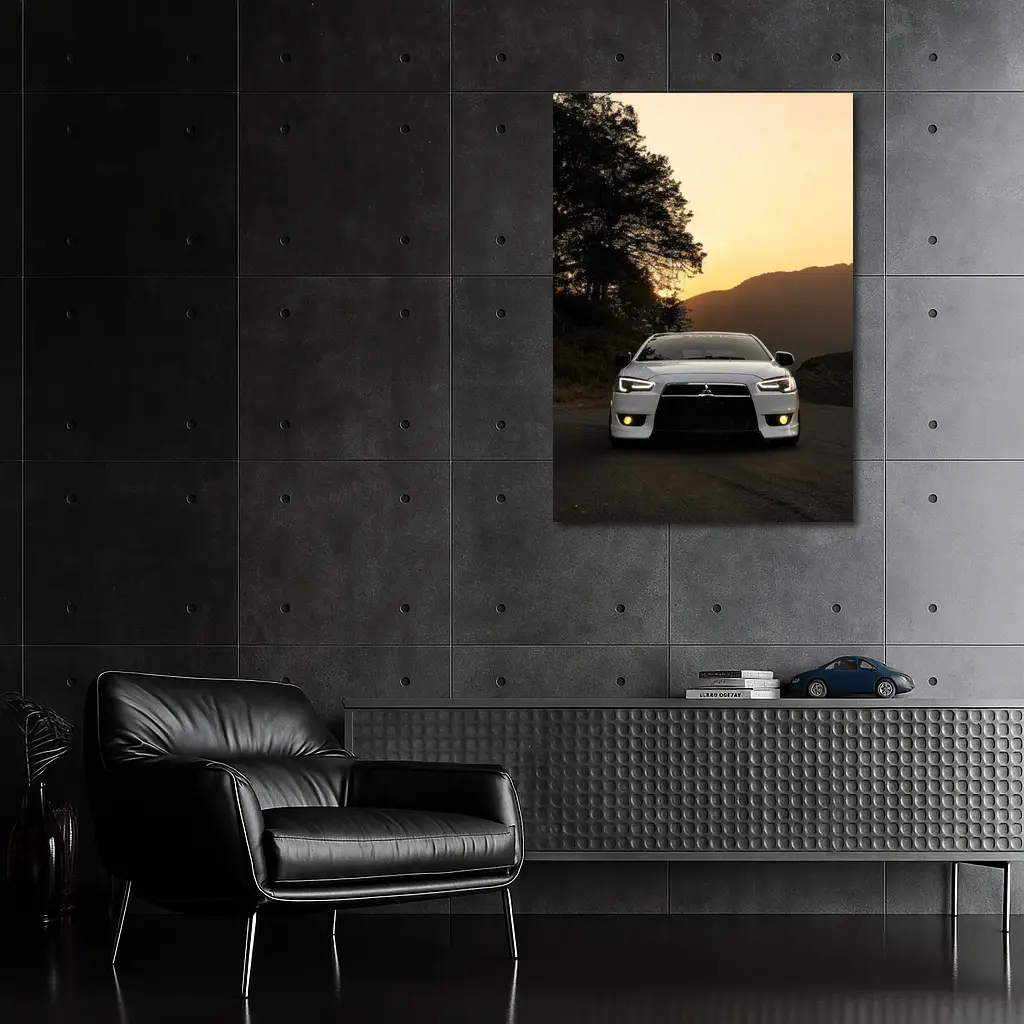 Mitsubishi Lancer White Car Sunset Mountains – Wall Art