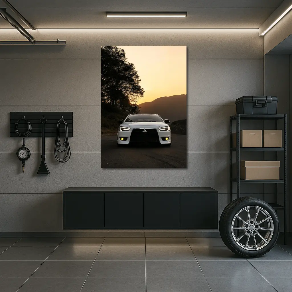 Mitsubishi Lancer White Car Sunset Mountains – Wall Art