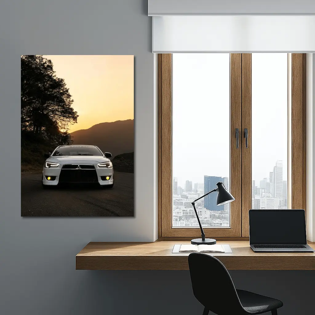 Mitsubishi Lancer White Car Sunset Mountains – Wall Art
