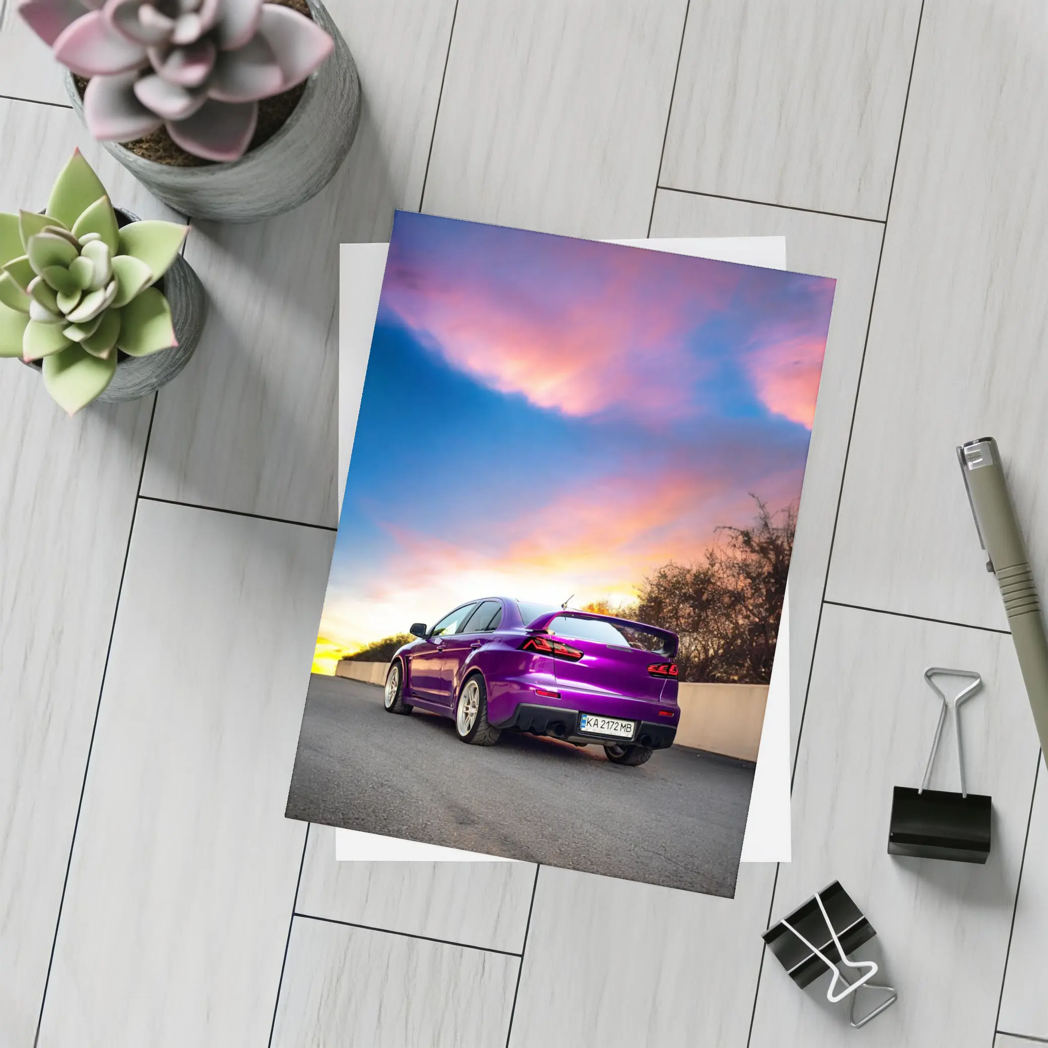 Mitsubishi Lancer Evolution Purple Sunset Sky – Postcards