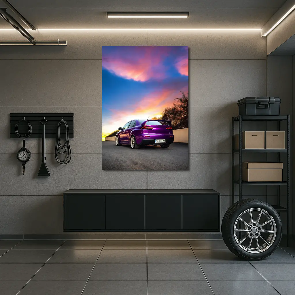 Mitsubishi Lancer Evolution Purple Sunset Sky – Wall Art