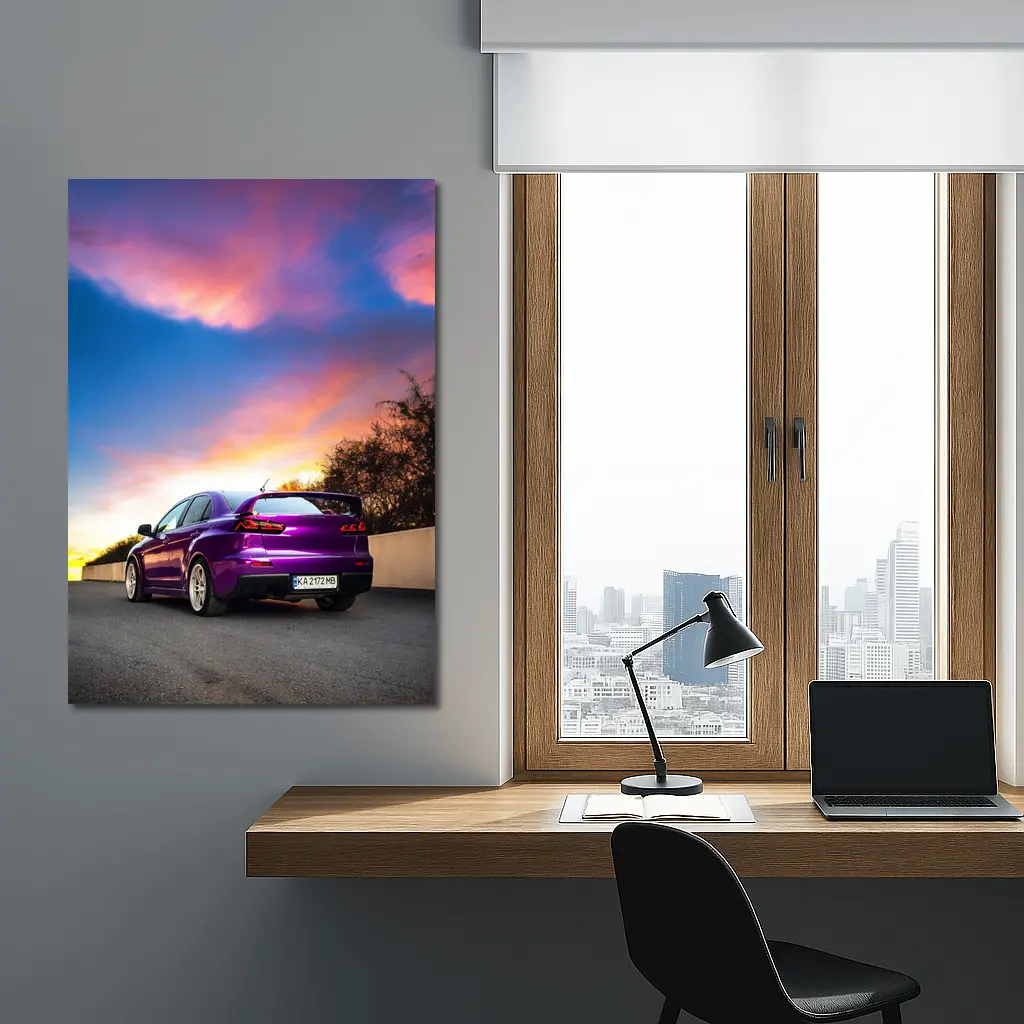 Mitsubishi Lancer Evolution Purple Sunset Sky – Wall Art