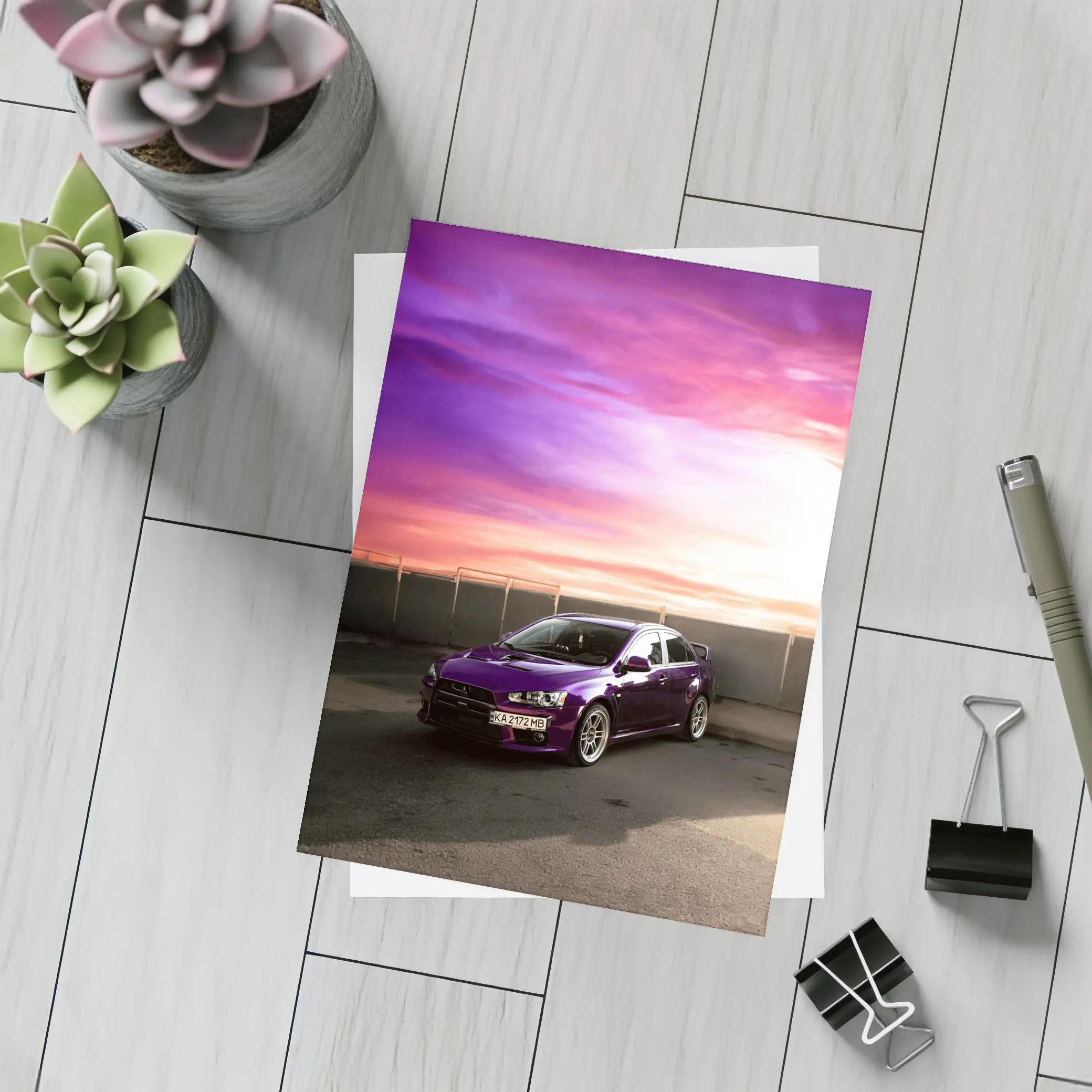 Mitsubishi Lancer Purple Car Sunset Sky – Postcards