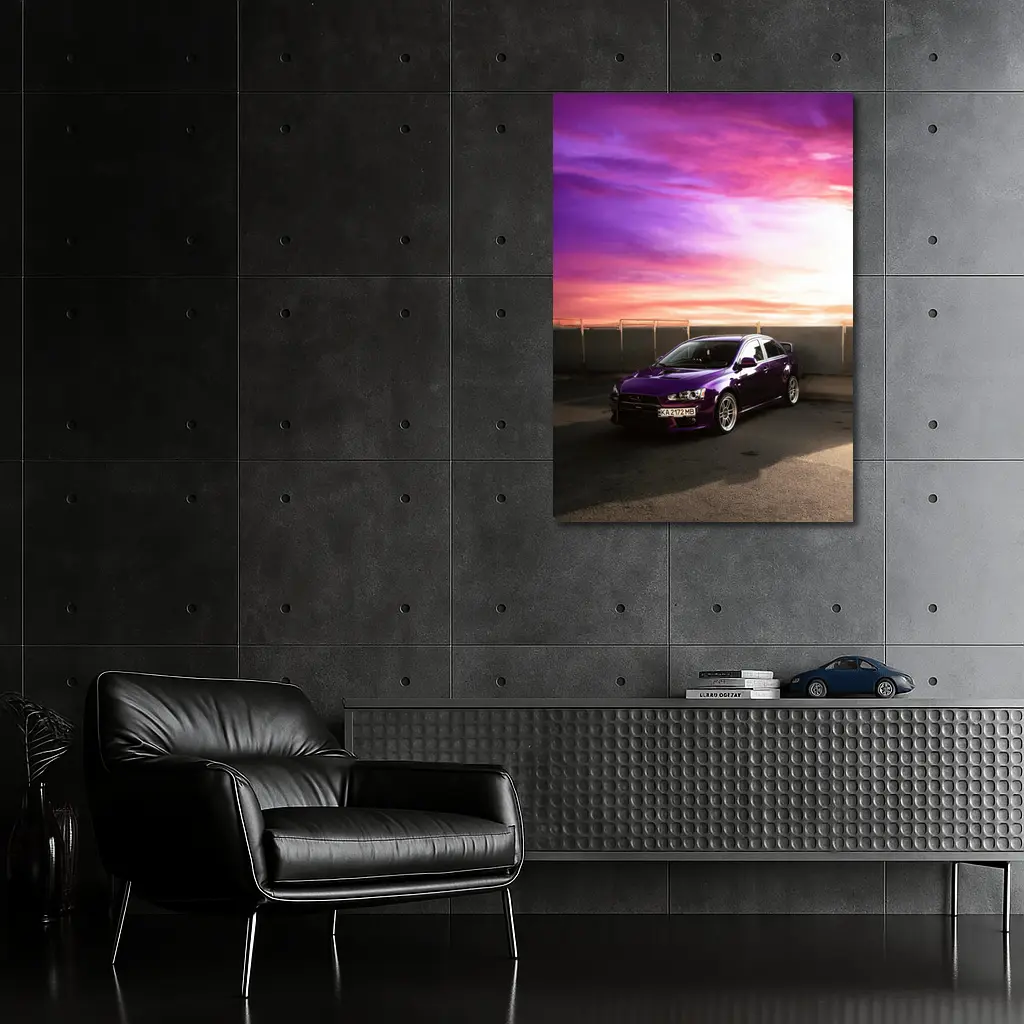 Mitsubishi Lancer Purple Car Sunset Sky – Wall Art