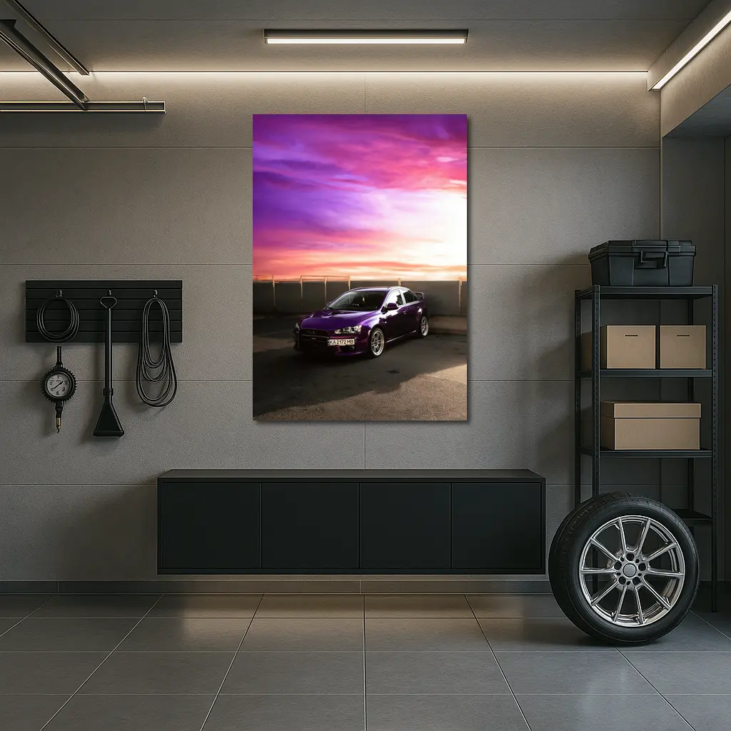 Mitsubishi Lancer Purple Car Sunset Sky – Wall Art