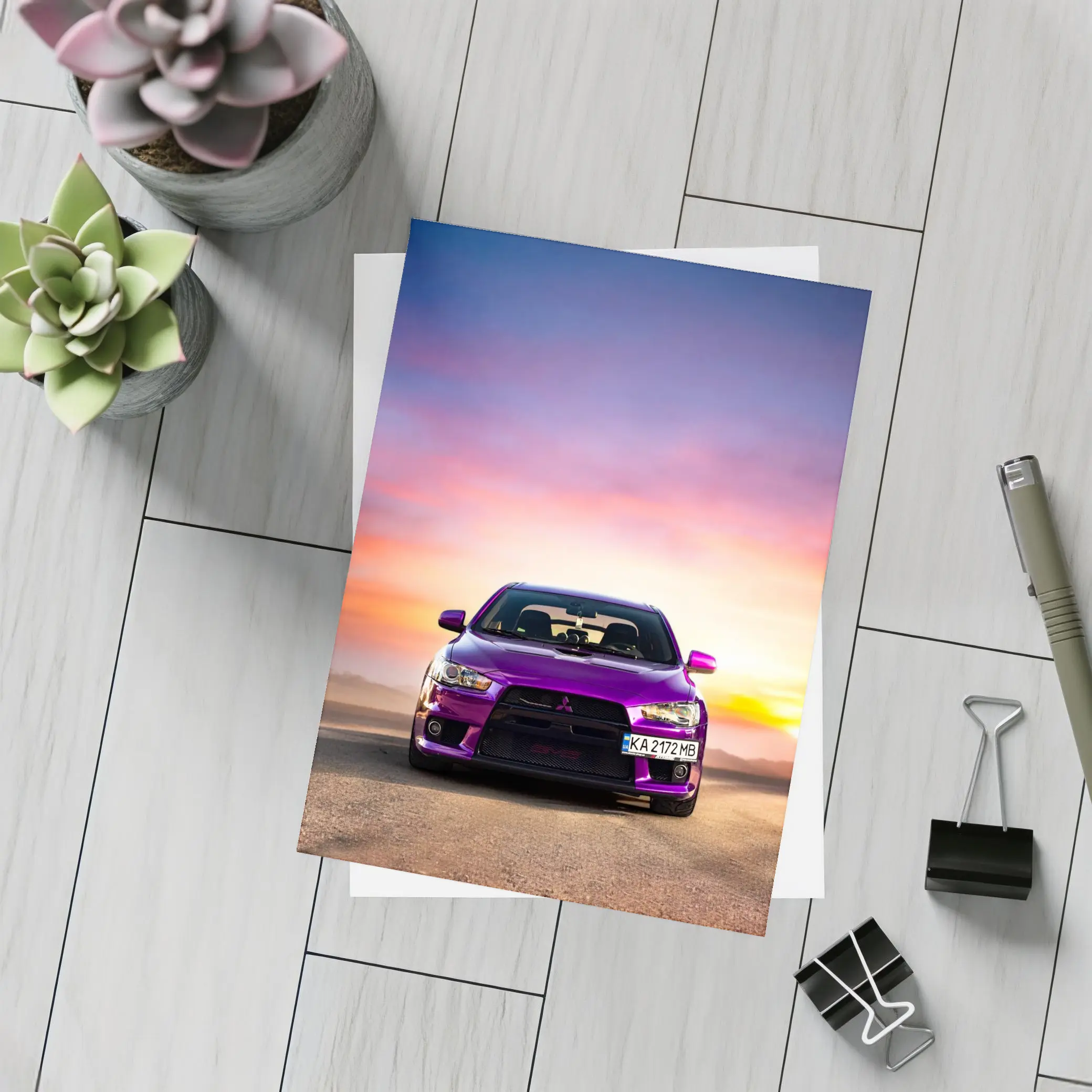 Mitsubishi Lancer Purple Car Sunset Sky – Postcards