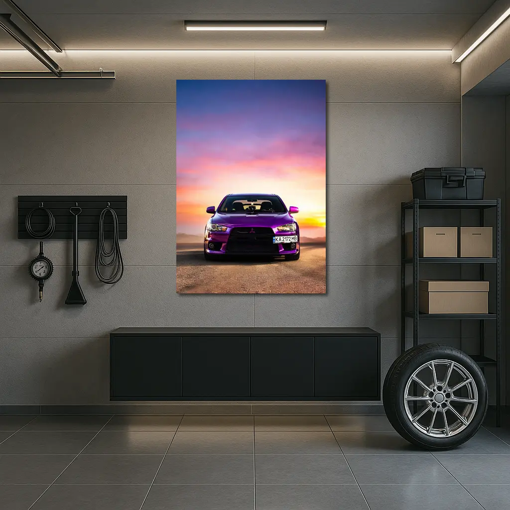Mitsubishi Lancer Purple Car Sunset Sky – Wall Art