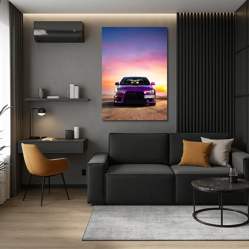 Mitsubishi Lancer Purple Car Sunset Sky – Wall Art