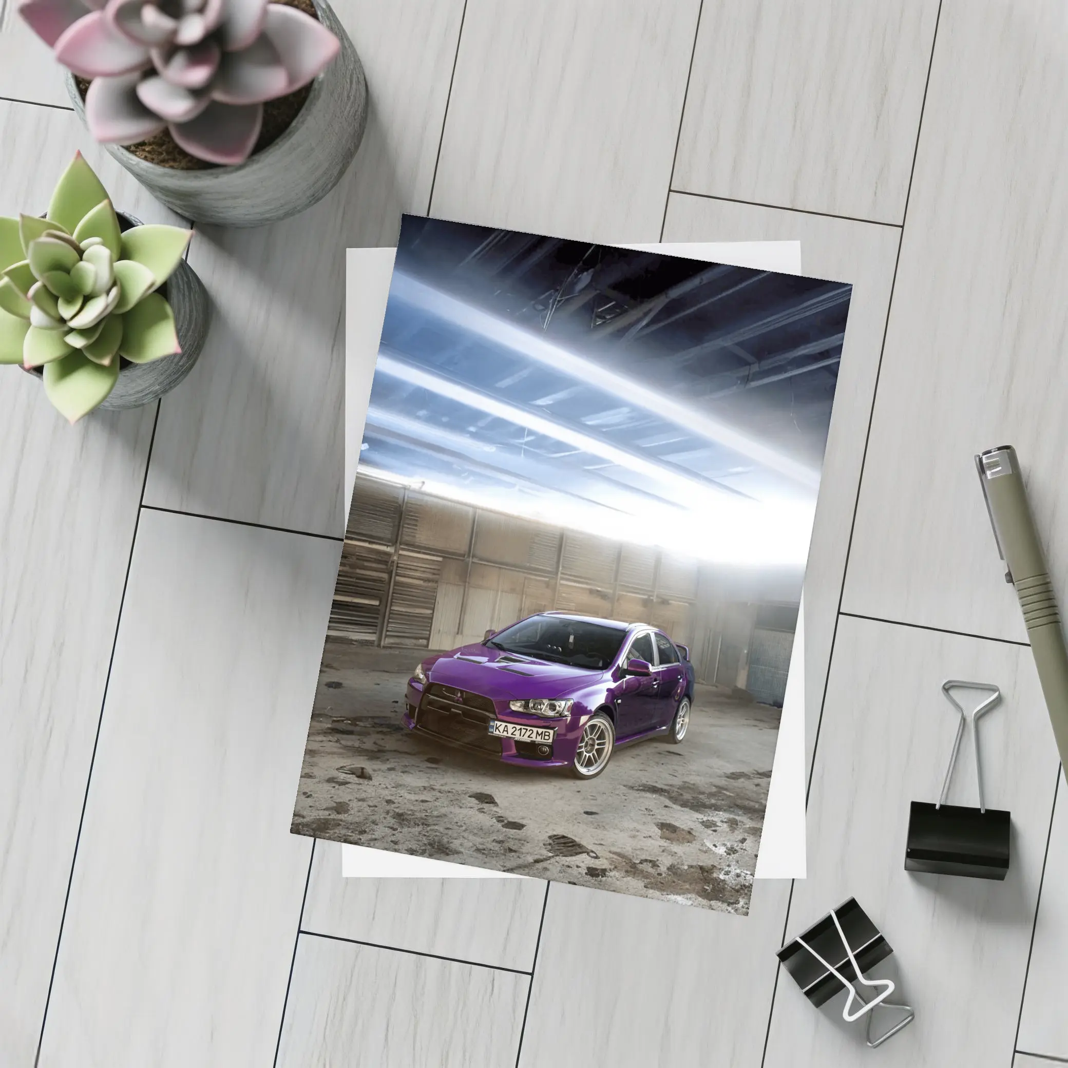 Mitsubishi Lancer Purple Inside Industrial Garage – Postcards