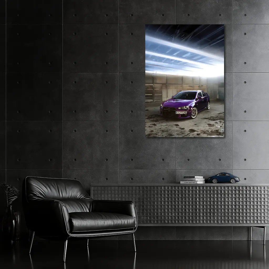 Mitsubishi Lancer Purple Inside Industrial Garage – Wall Art