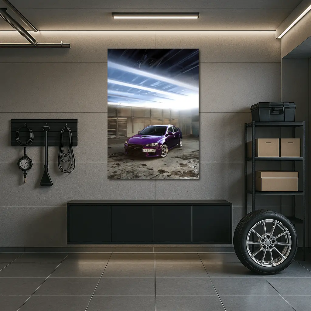 Mitsubishi Lancer Purple Inside Industrial Garage – Wall Art