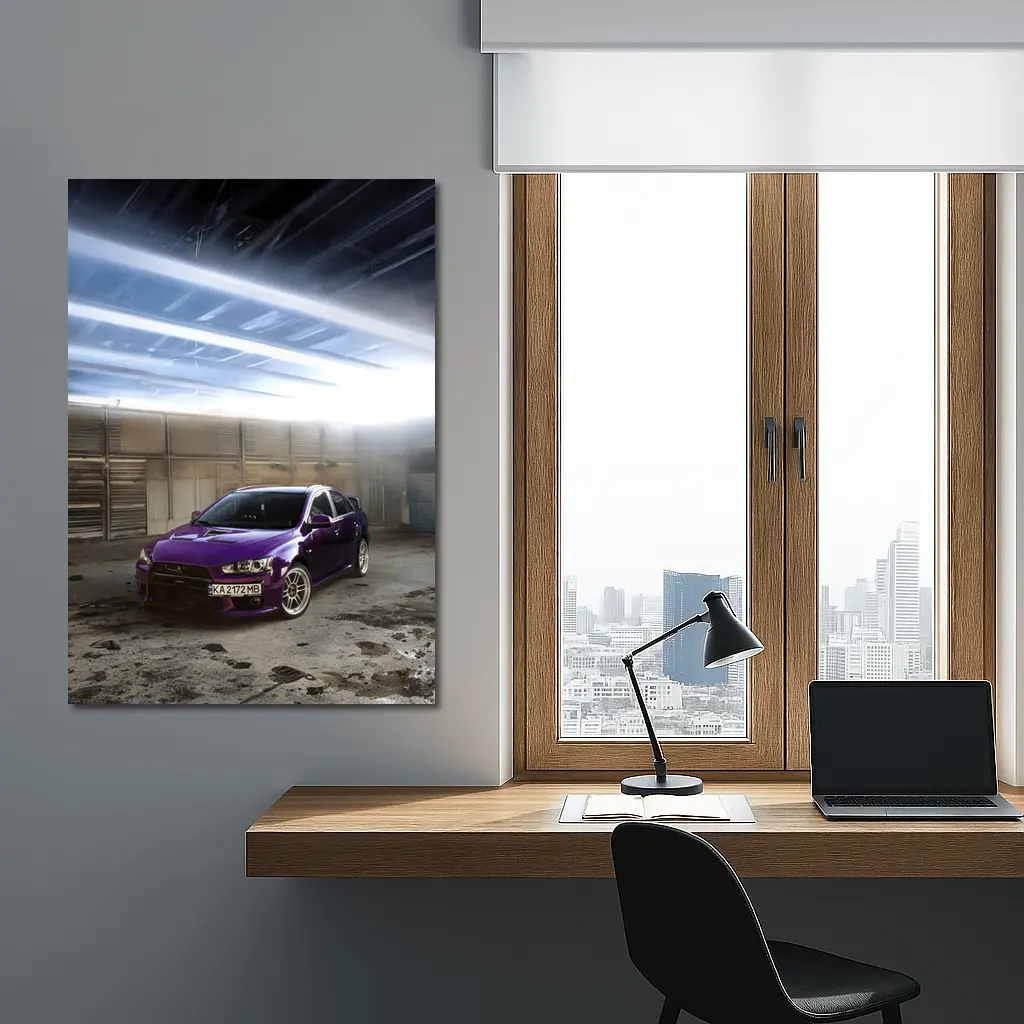 Mitsubishi Lancer Purple Inside Industrial Garage – Wall Art