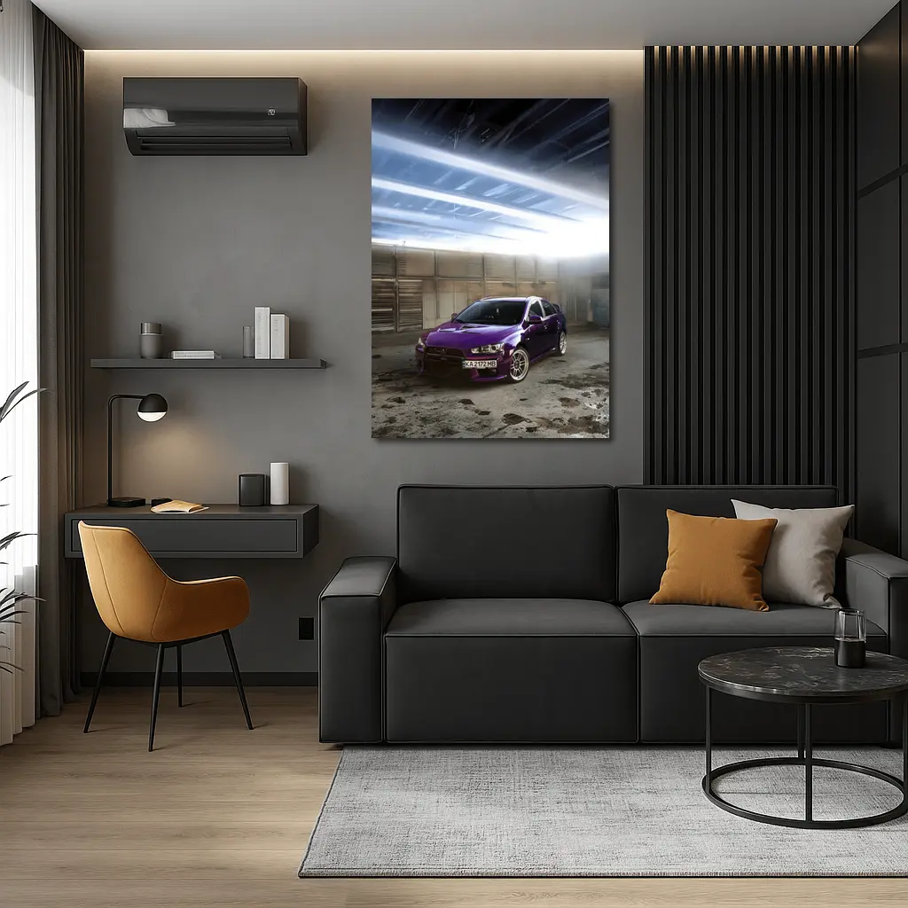 Mitsubishi Lancer Purple Inside Industrial Garage – Wall Art