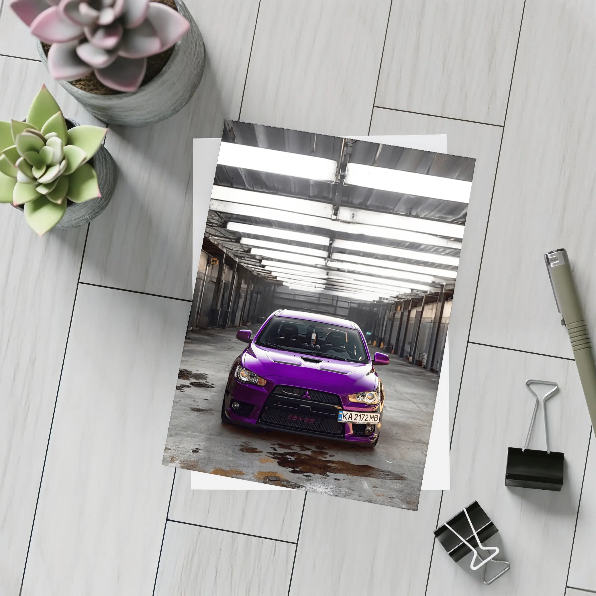 Mitsubishi Lancer Purple Inside Industrial Garage – Postcards