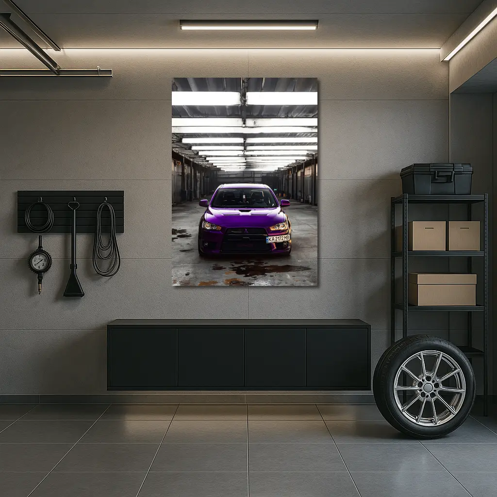 Mitsubishi Lancer Purple Inside Industrial Garage – Wall Art