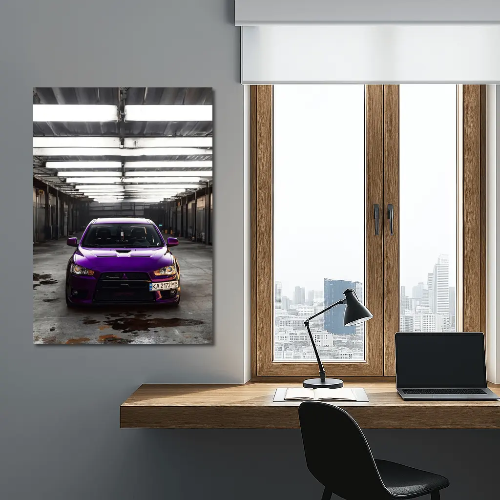 Mitsubishi Lancer Purple Inside Industrial Garage – Wall Art