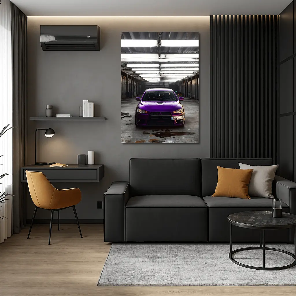Mitsubishi Lancer Purple Inside Industrial Garage – Wall Art