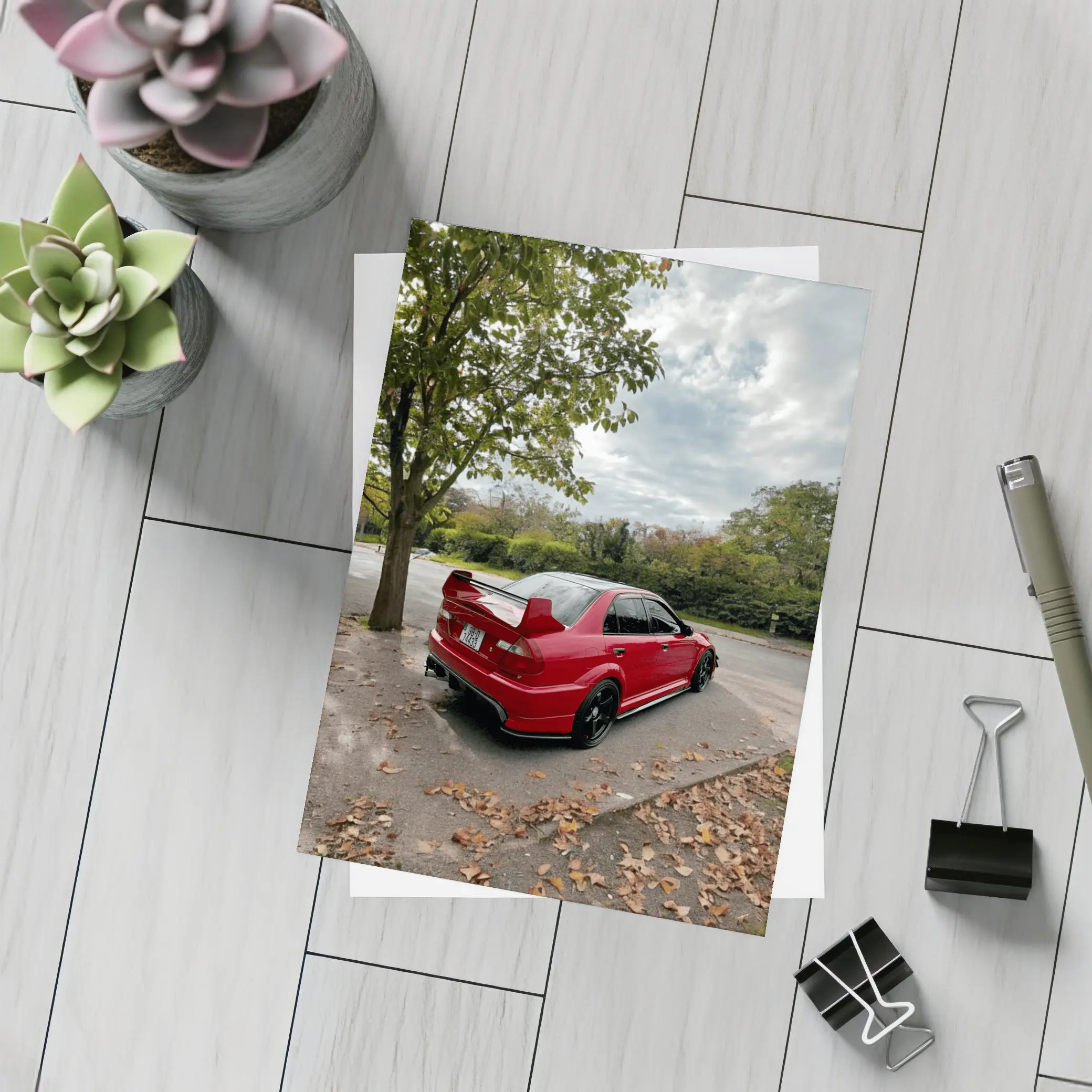 Red Mitsubishi Lancer Evolution Street Parking – Postcards
