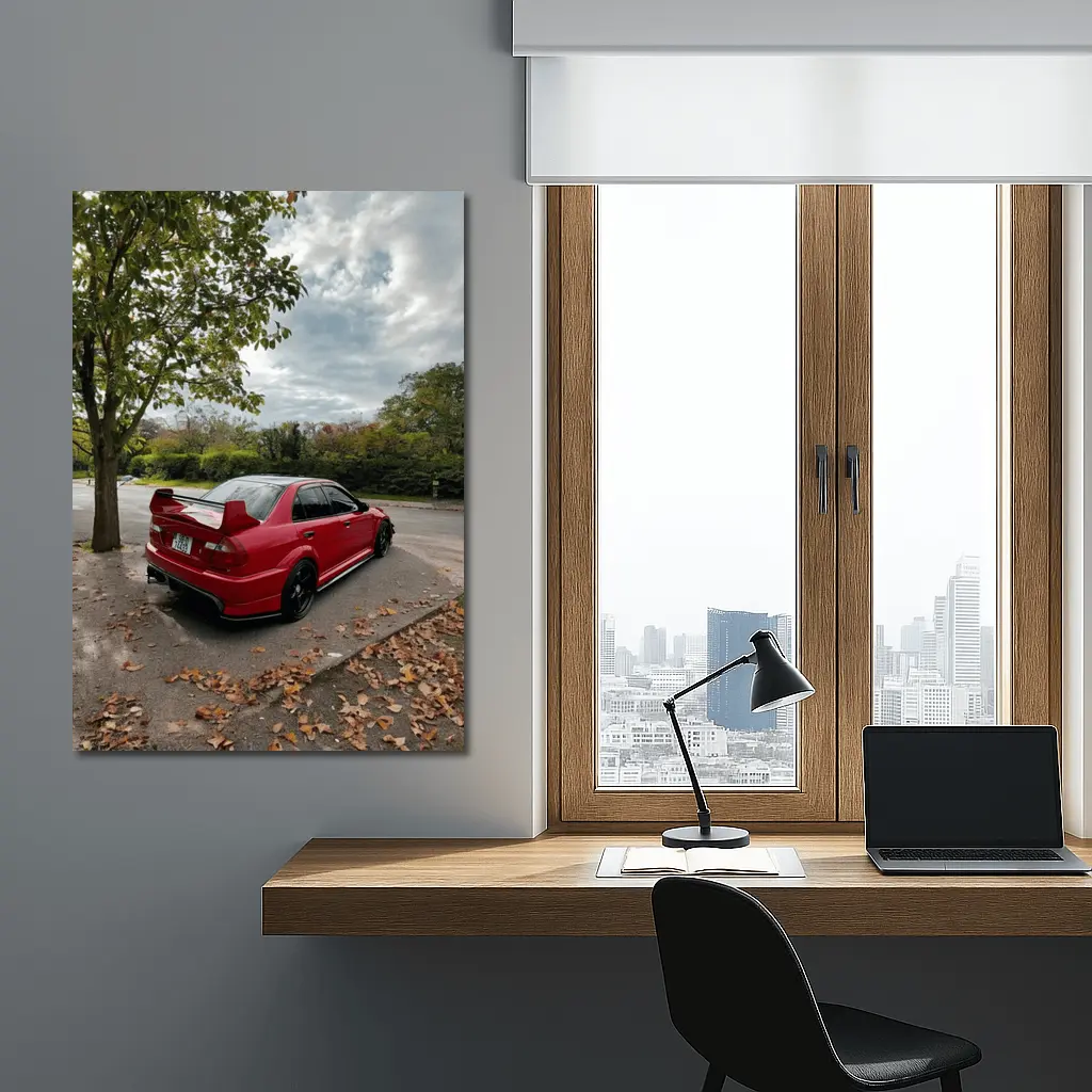 Red Mitsubishi Lancer Evolution Street Parking – Wall Art