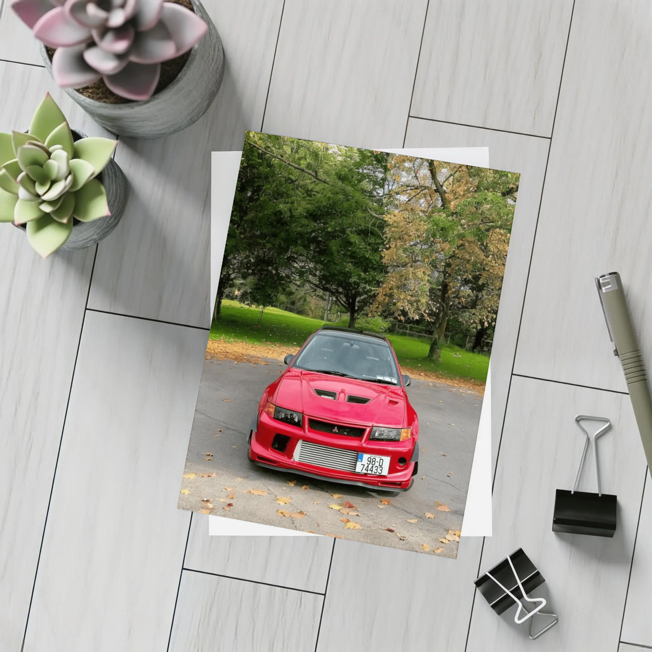 Red Mitsubishi Lancer Evo Park Setting – Postcards