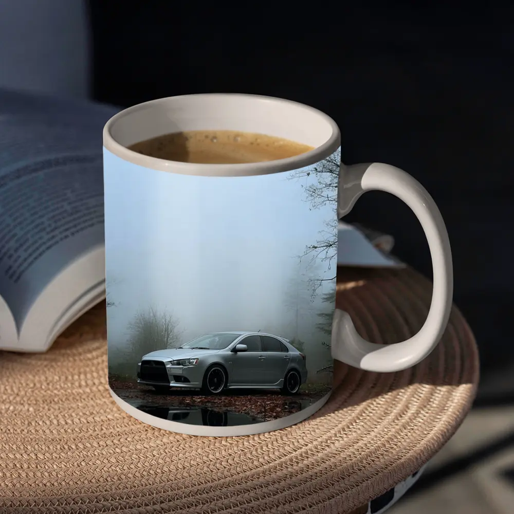 Mitsubishi Lancer Silver Car Foggy Forest – Mugs