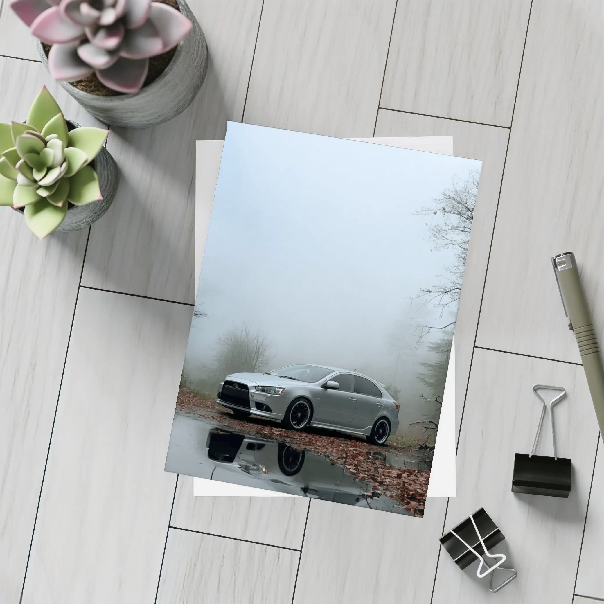 Mitsubishi Lancer Silver Car Foggy Forest – Postcards
