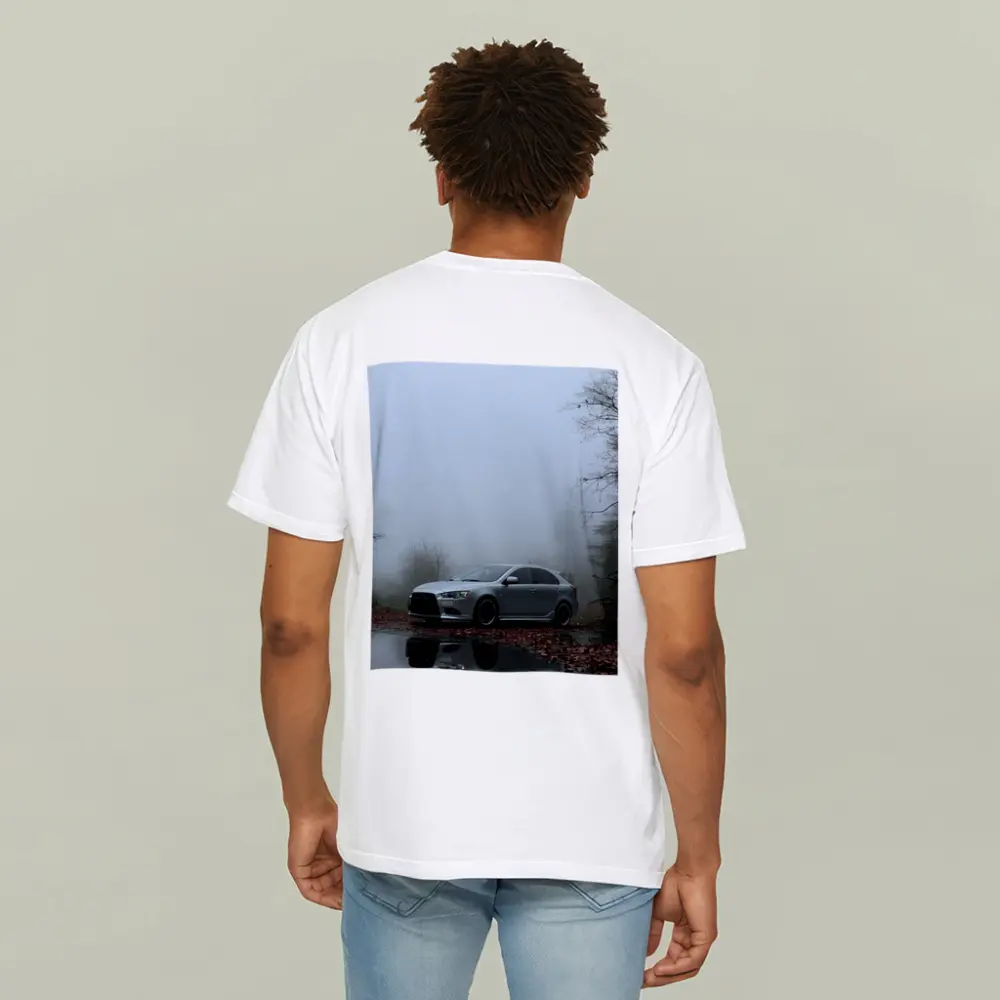 Mitsubishi Lancer Silver Car Foggy Forest – T-Shirts