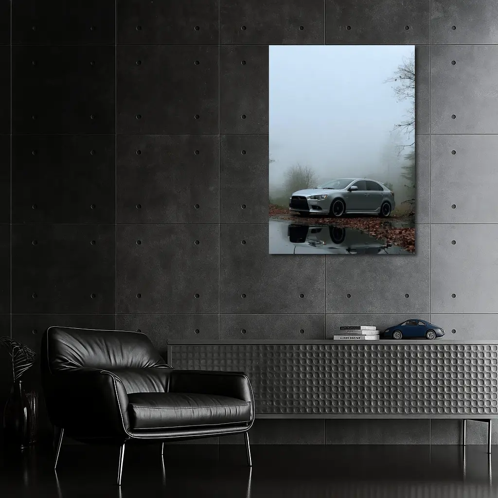 Mitsubishi Lancer Silver Car Foggy Forest – Wall Art