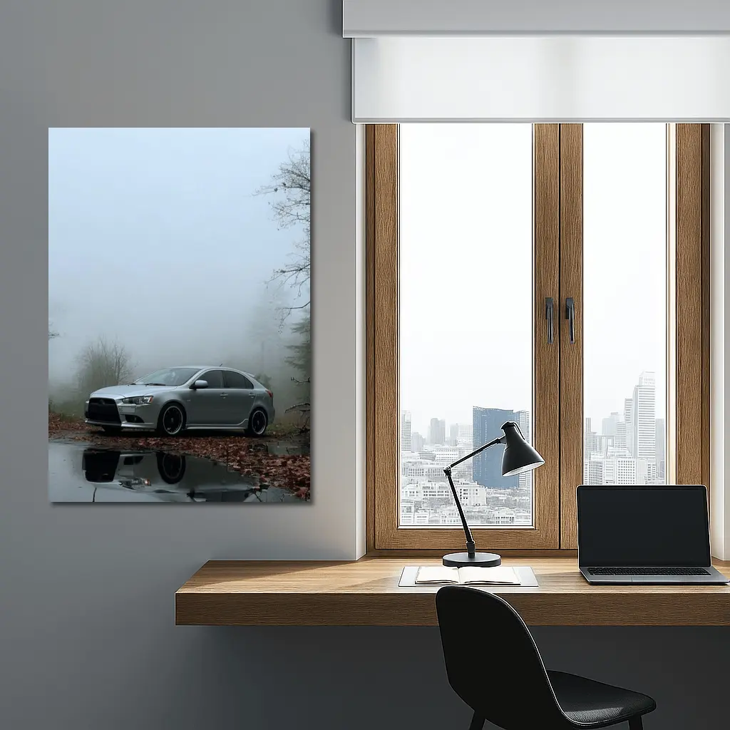 Mitsubishi Lancer Silver Car Foggy Forest – Wall Art