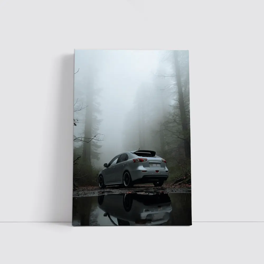 Mitsubishi Lancer Silver Car Foggy Forest – Wall Art