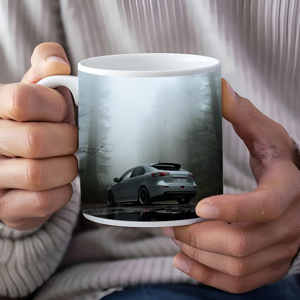 Mitsubishi Lancer Silver Car Foggy Forest – Mugs