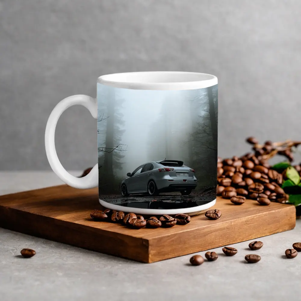 Mitsubishi Lancer Silver Car Foggy Forest – Mugs