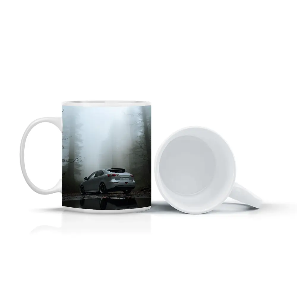 Mitsubishi Lancer Silver Car Foggy Forest – Mugs
