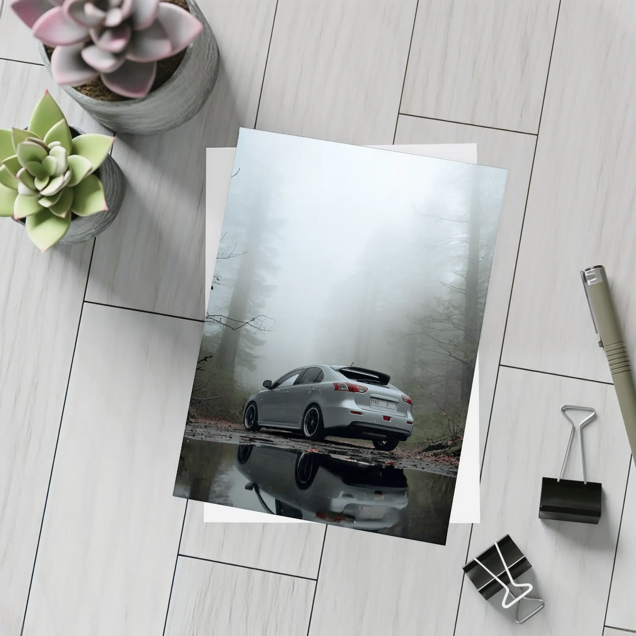Mitsubishi Lancer Silver Car Foggy Forest – Postcards