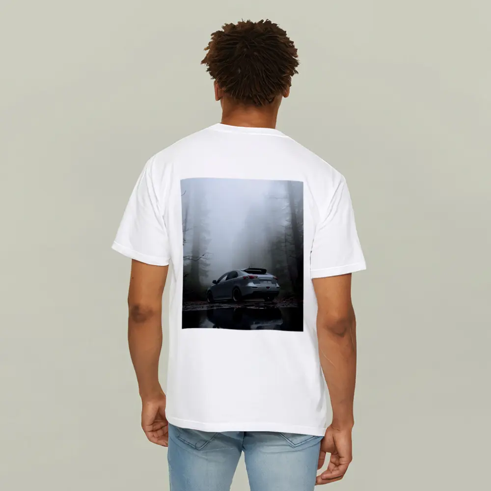 Mitsubishi Lancer Silver Car Foggy Forest – T-Shirts
