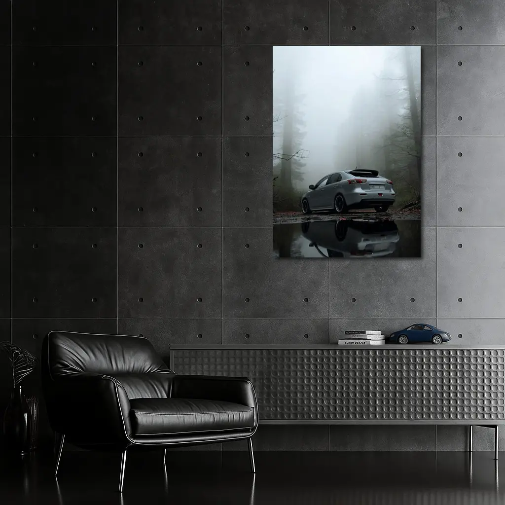 Mitsubishi Lancer Silver Car Foggy Forest – Wall Art