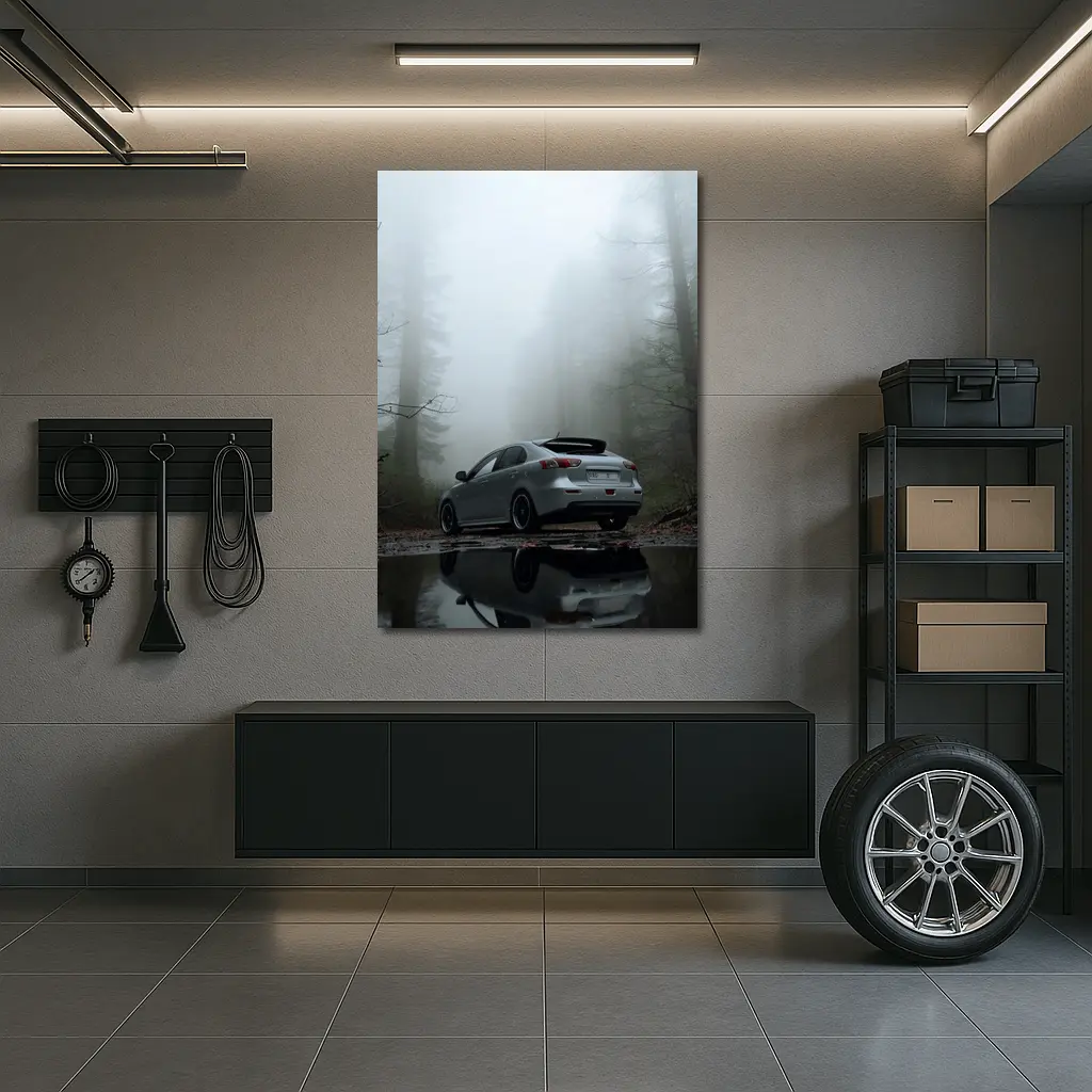 Mitsubishi Lancer Silver Car Foggy Forest – Wall Art