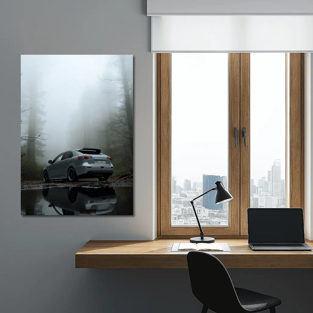 Mitsubishi Lancer Silver Car Foggy Forest – Wall Art