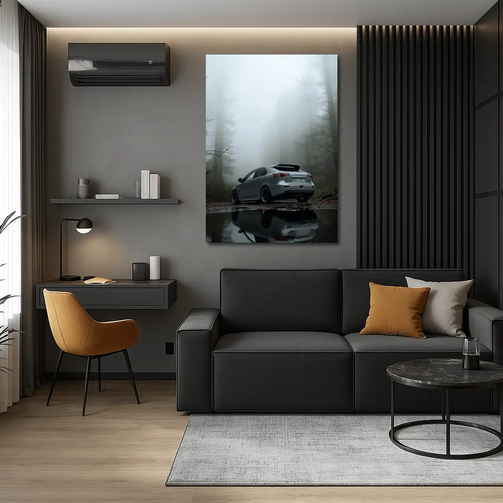 Mitsubishi Lancer Silver Car Foggy Forest – Wall Art