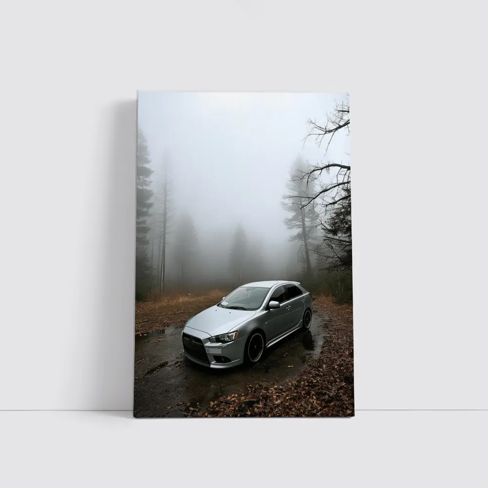 Mitsubishi Lancer Silver Car Foggy Forest – Wall Art