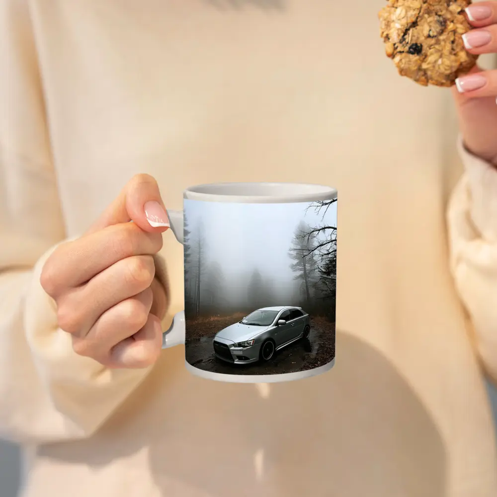 Mitsubishi Lancer Silver Car Foggy Forest – Mugs