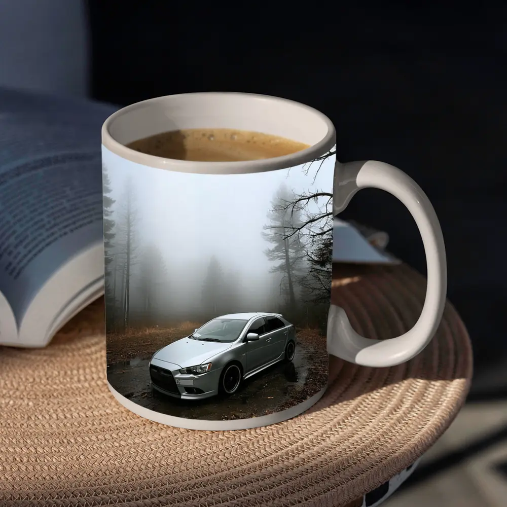 Mitsubishi Lancer Silver Car Foggy Forest – Mugs