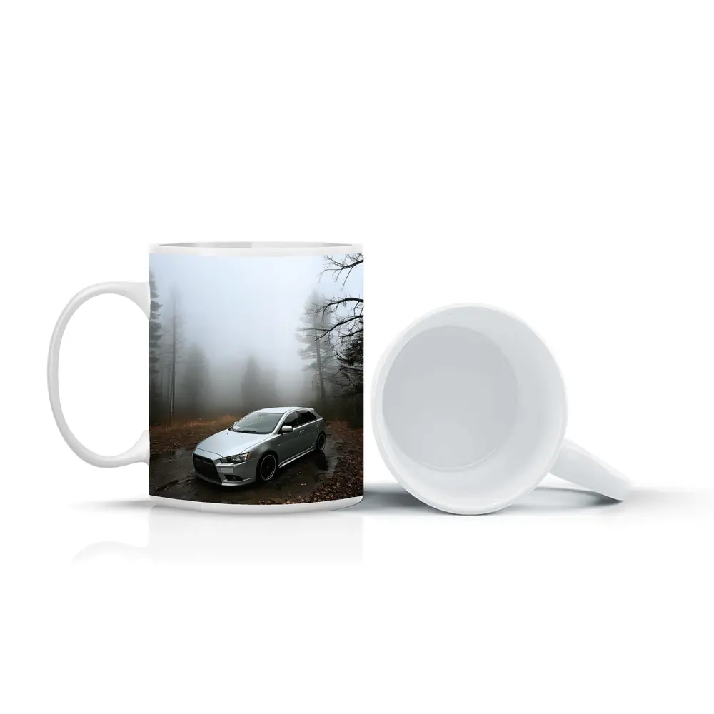 Mitsubishi Lancer Silver Car Foggy Forest – Mugs