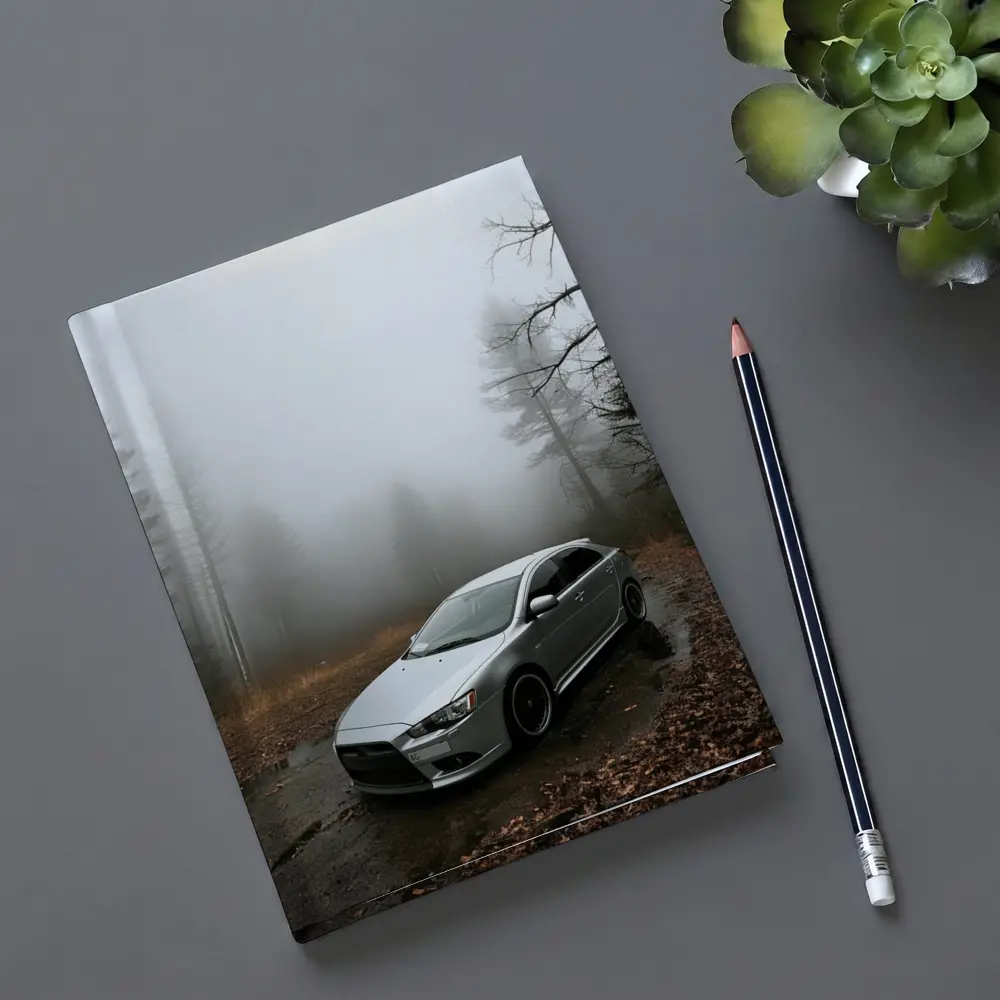 Mitsubishi Lancer Silver Car Foggy Forest – Notebooks