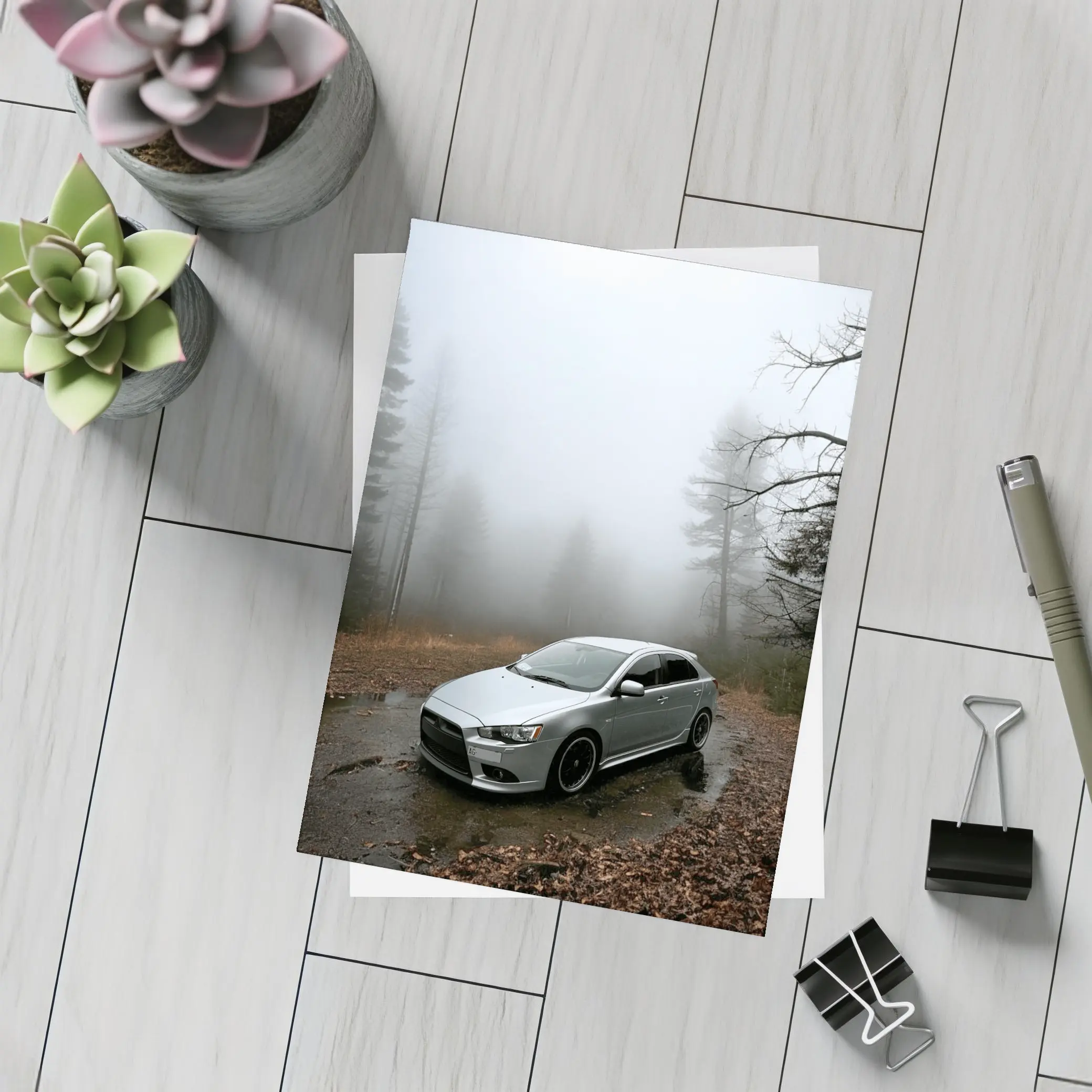 Mitsubishi Lancer Silver Car Foggy Forest – Postcards
